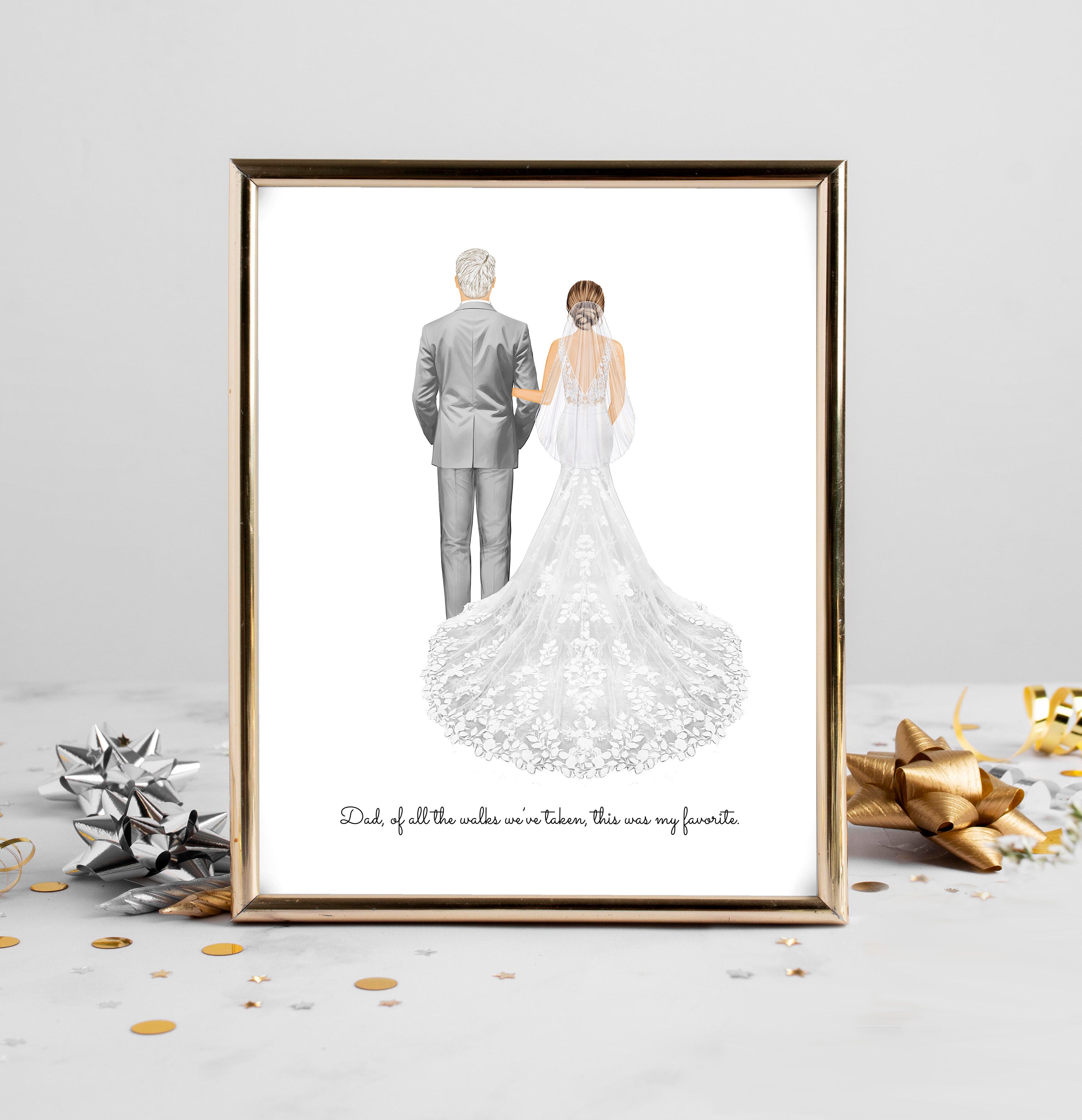 Personalized Bride and Dad Portrait Art PRINT | Father of the Bride Custom Wedding Art