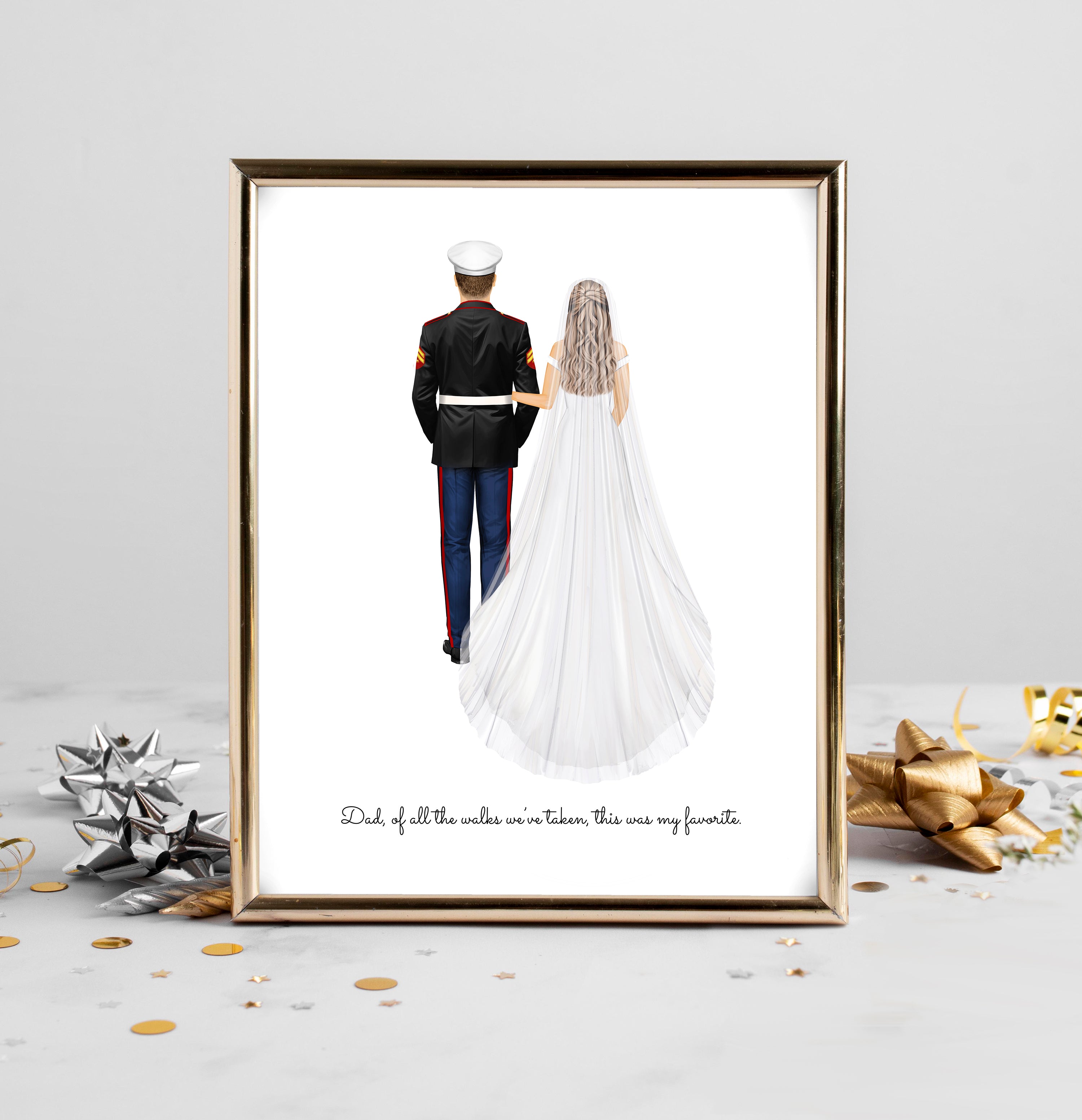 Personalized Military Dad & Bride Portrait | Father Daughter Wedding Art