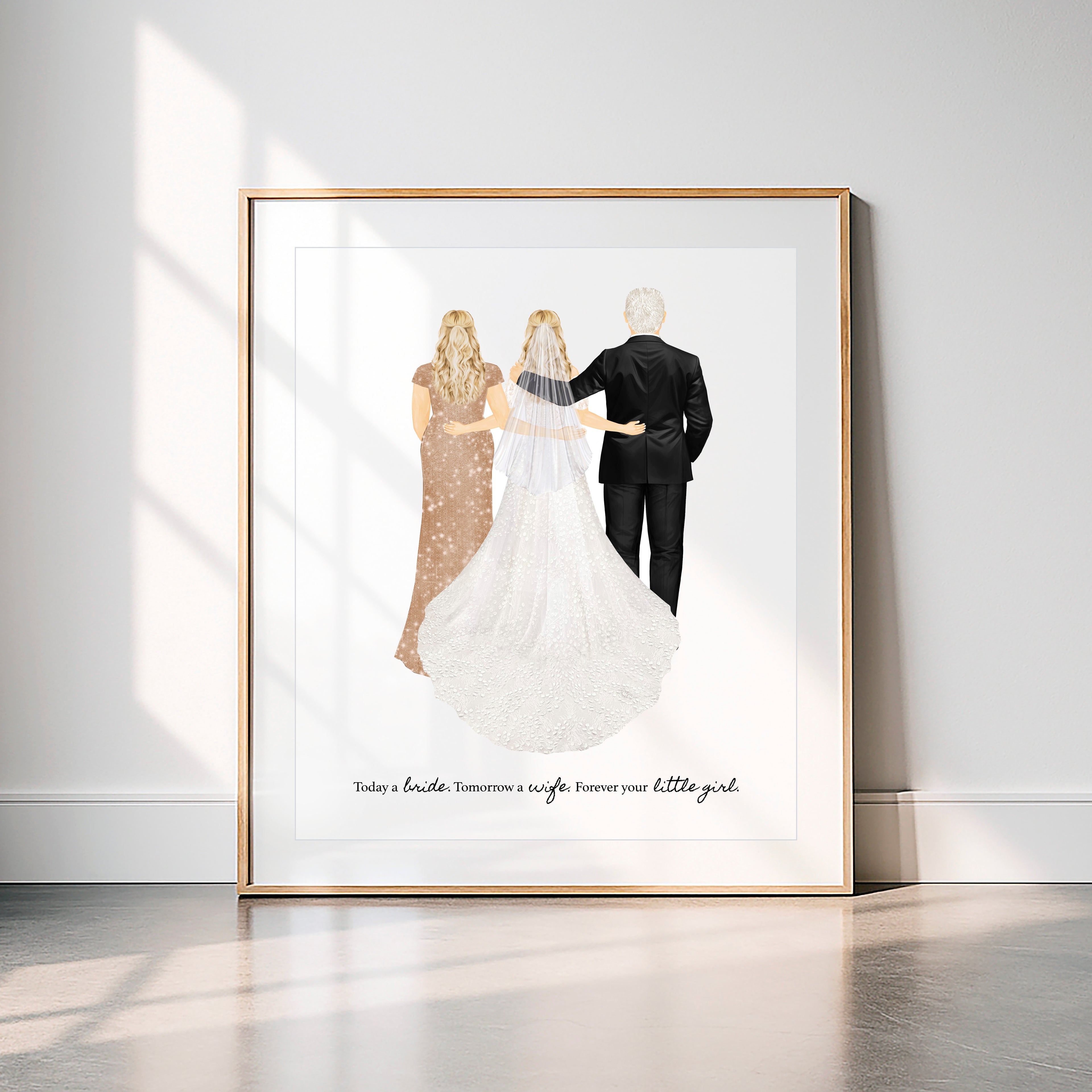 Personalized Bride and Parents Portrait Art PRINT | Mother & Father of the Bride Custom Wedding Art