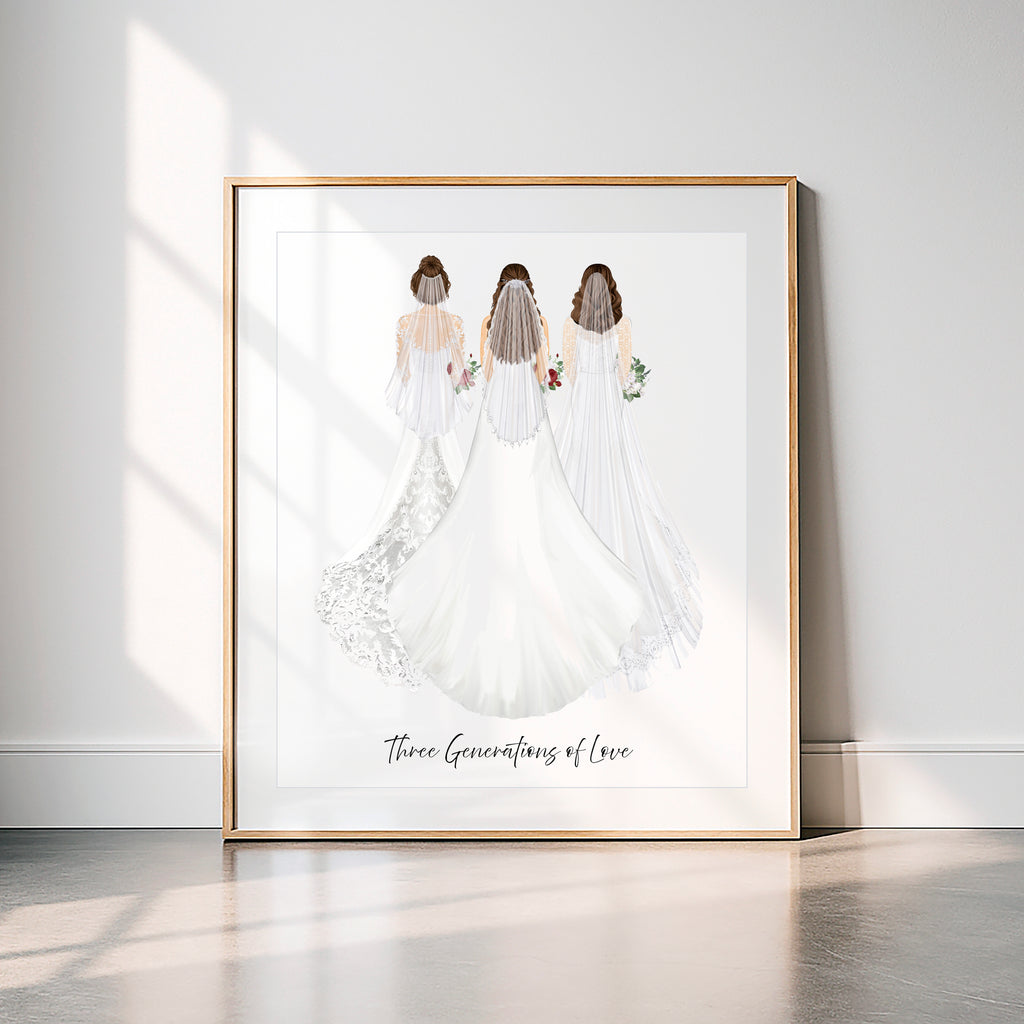 Personalized 3 Generations Wedding Portrait Art PRINT | Bride, Mother, Grandma, Custom Print