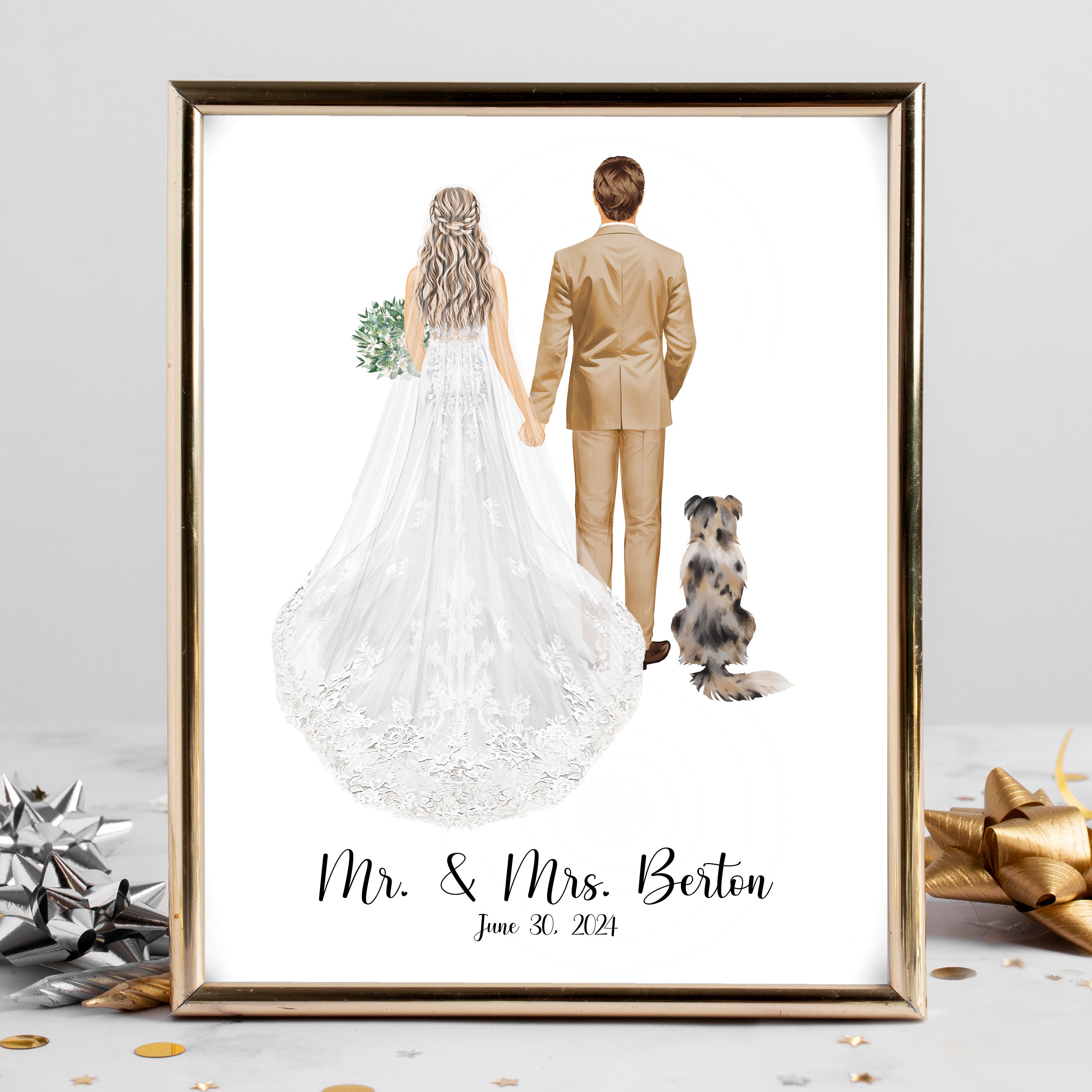 Personalized Bride and Groom Dog Portrait Art PRINT | 2026 Custom Wedding Couple Art