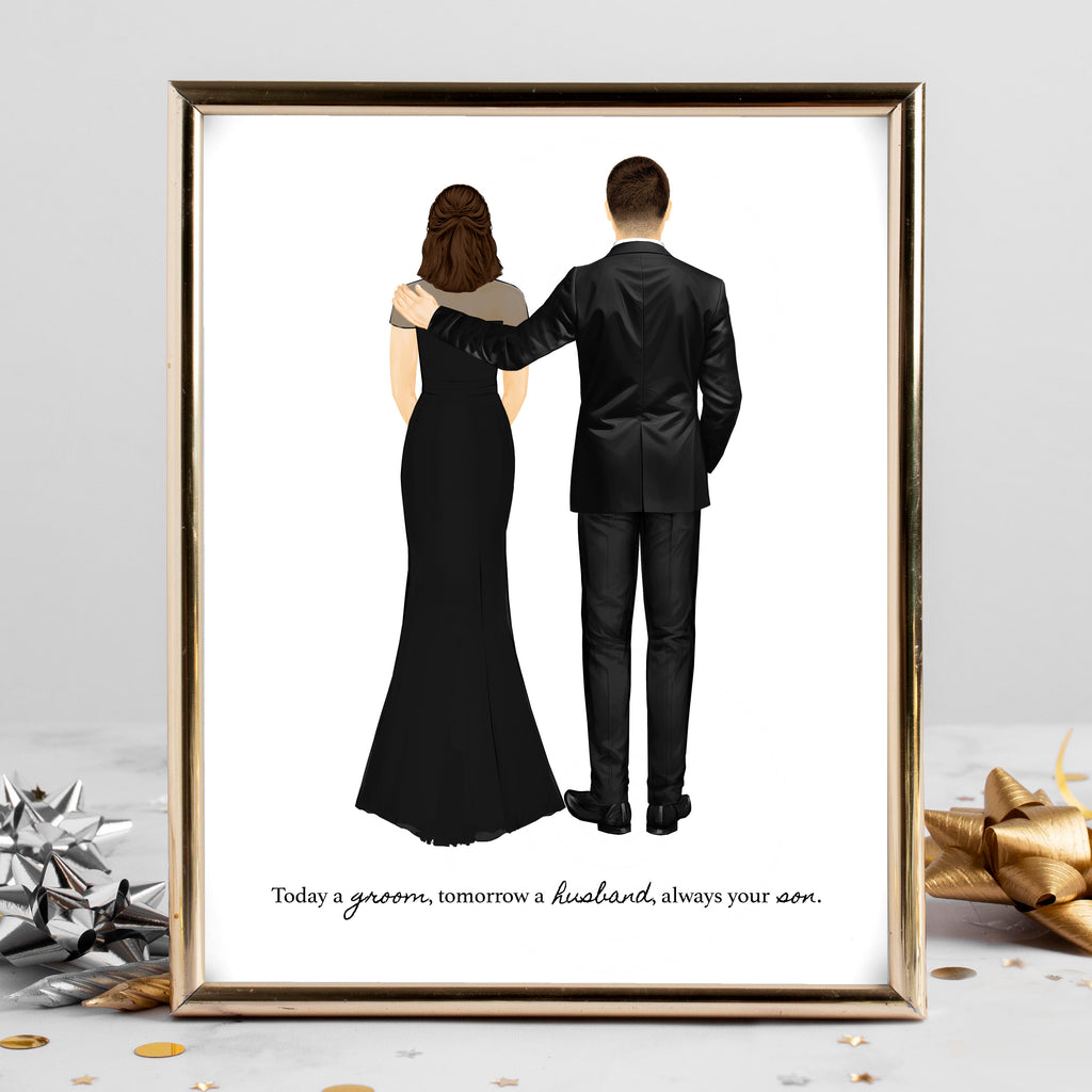 Personalized Groom and Mom Portrait Art PRINT | Mother of the Groom Custom Wedding Art