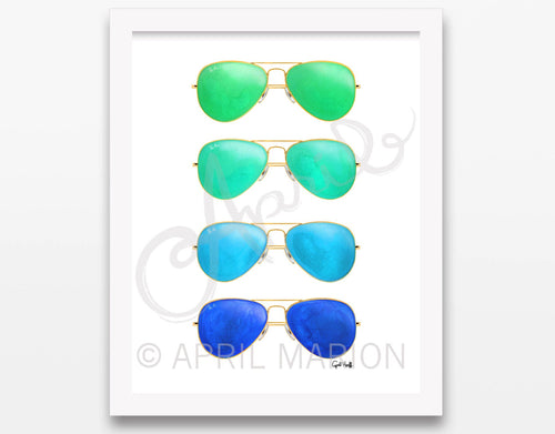 Colorful Aviator Sunglasses Watercolor Print | Fashion Illustration Wall Art