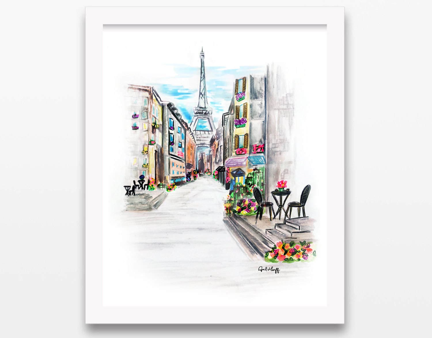 Paris Eiffel Tower Watercolor Print | Parisian Street Scene (Digital Print)