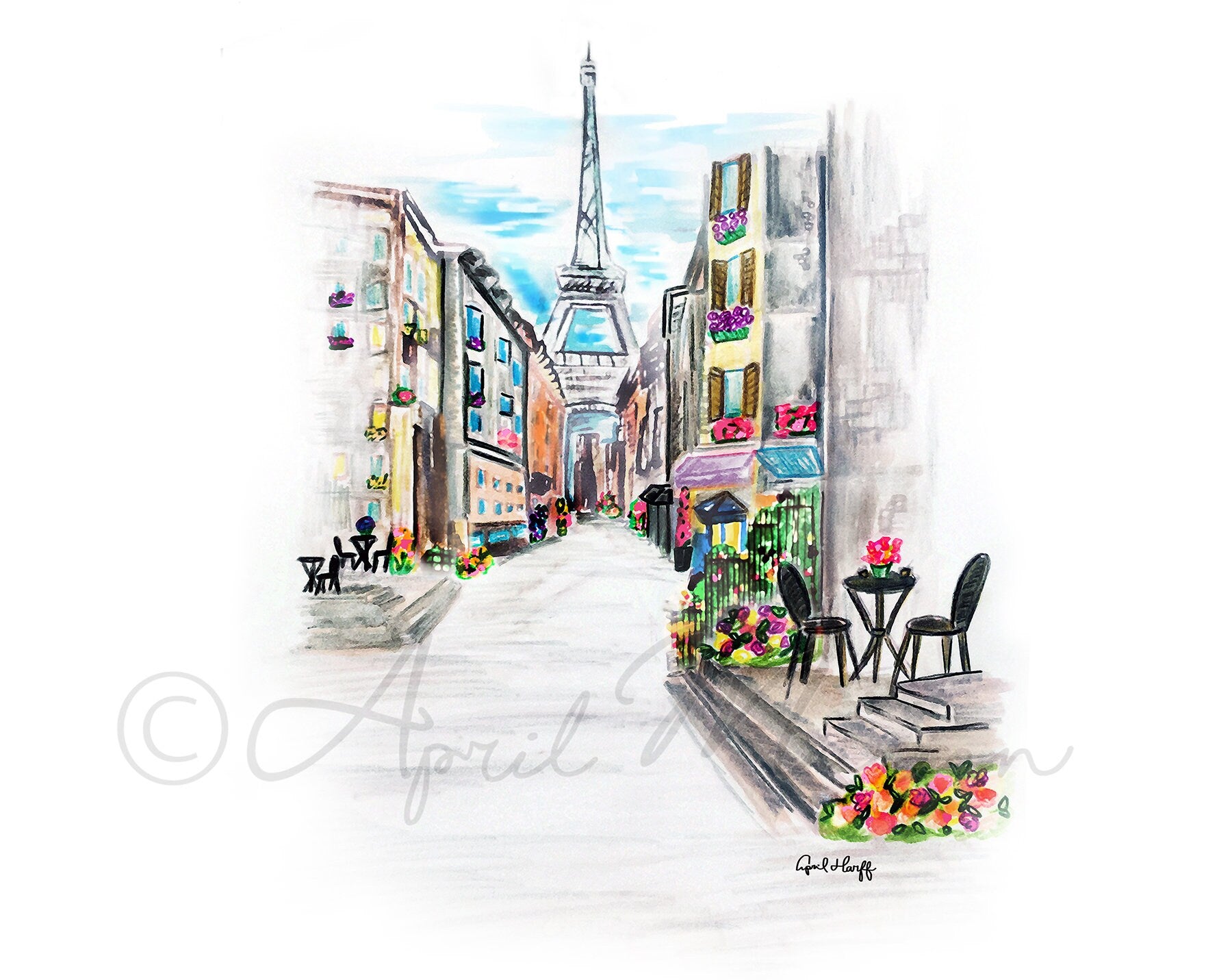 Paris Eiffel Tower Watercolor Print | Parisian Street Scene (Digital Print)