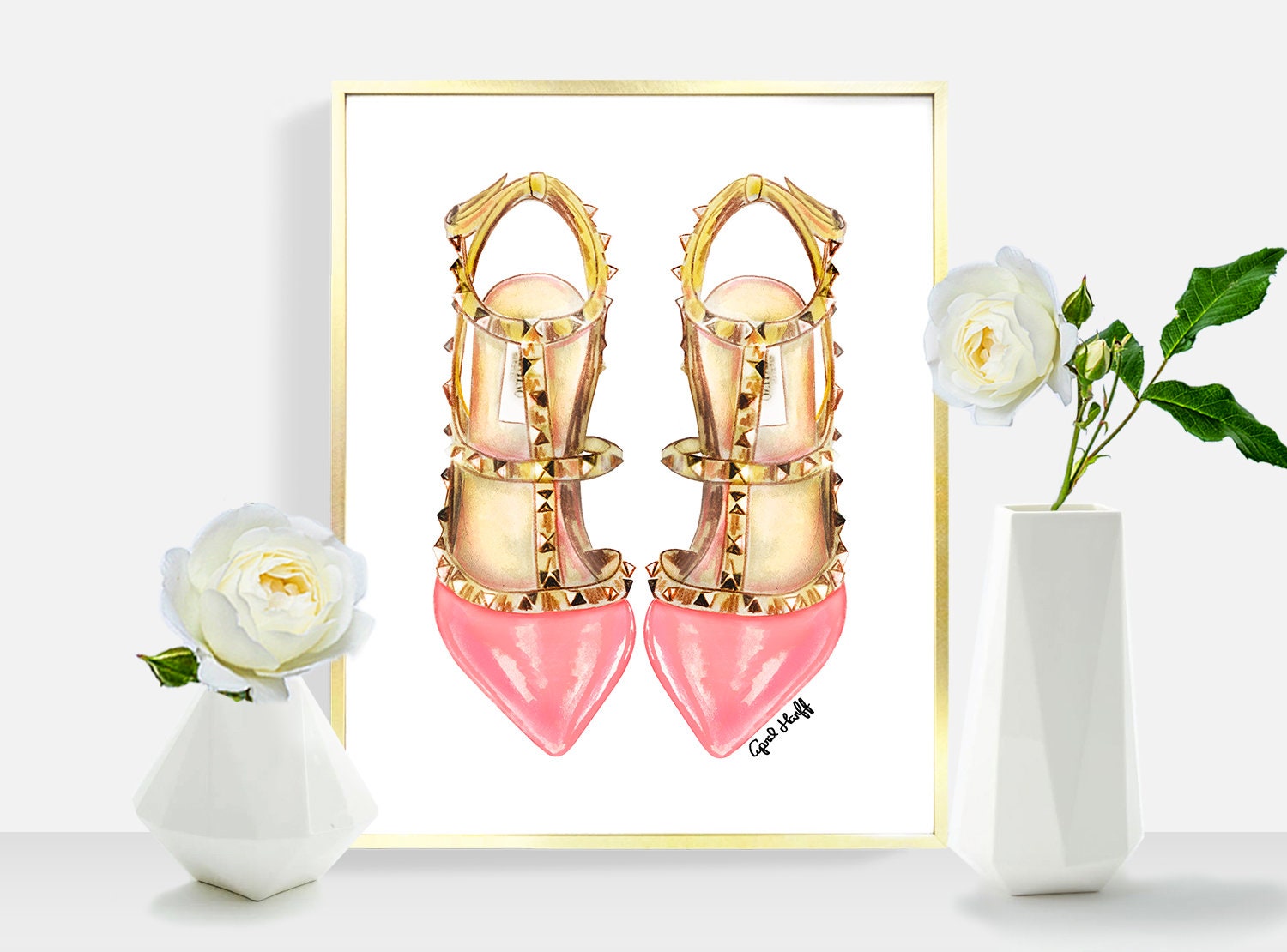Fashion Illustration Art Print, Designer Shoe Watercolor Painting, Pink Heels Wall Decor