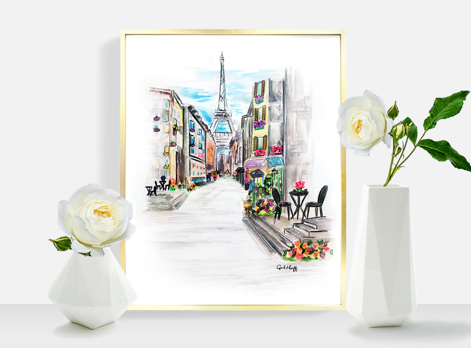 Paris Eiffel Tower Watercolor Print | Parisian Street Scene (Digital Print)