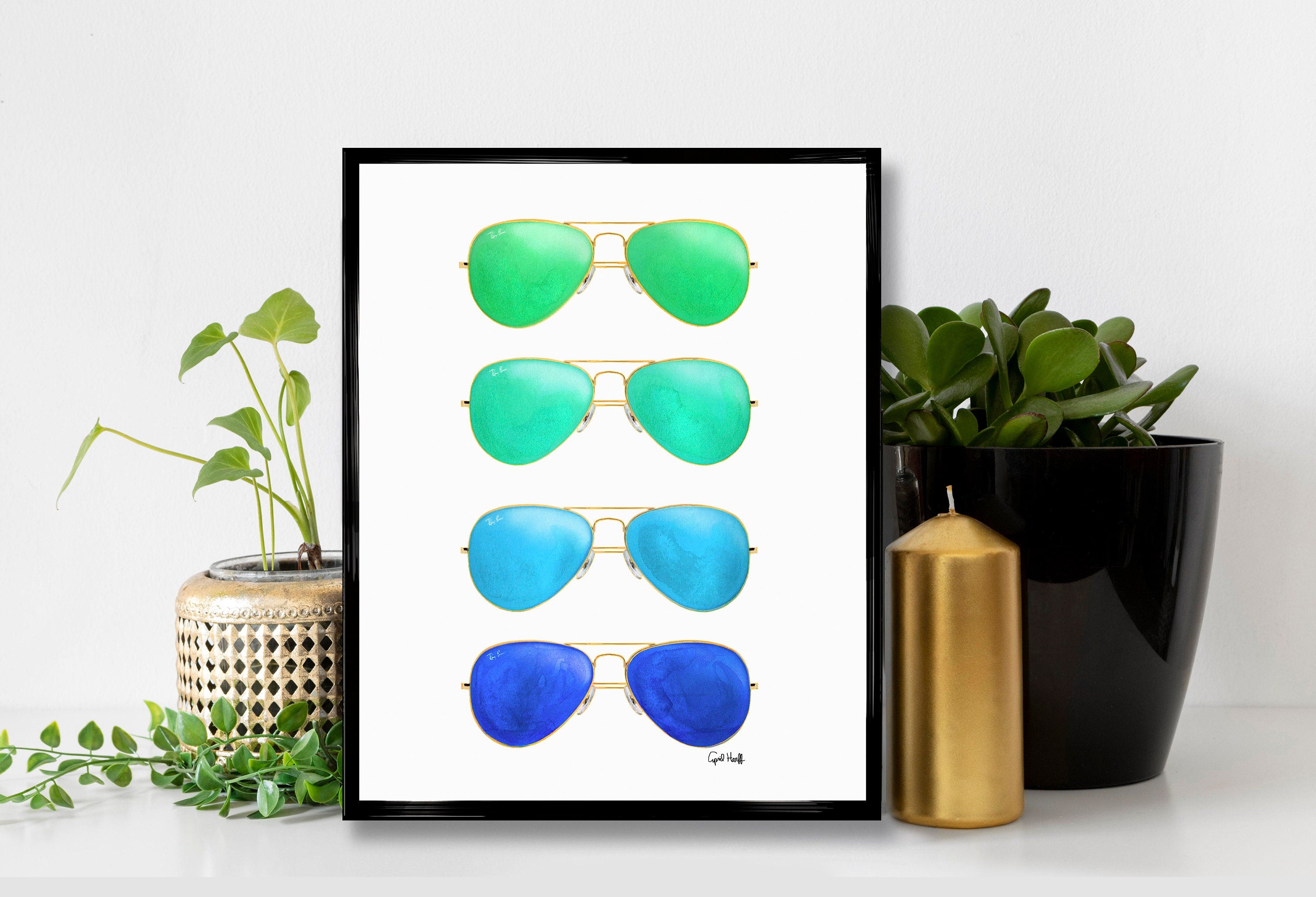Colorful Aviator Sunglasses Watercolor Print | Fashion Illustration Wall Art