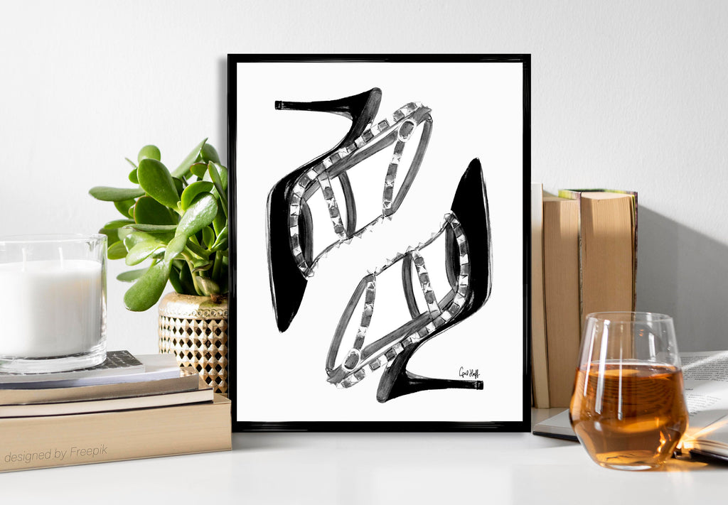 Stilettos Fashion Illustration Print | Black and White Heels Vanity Art