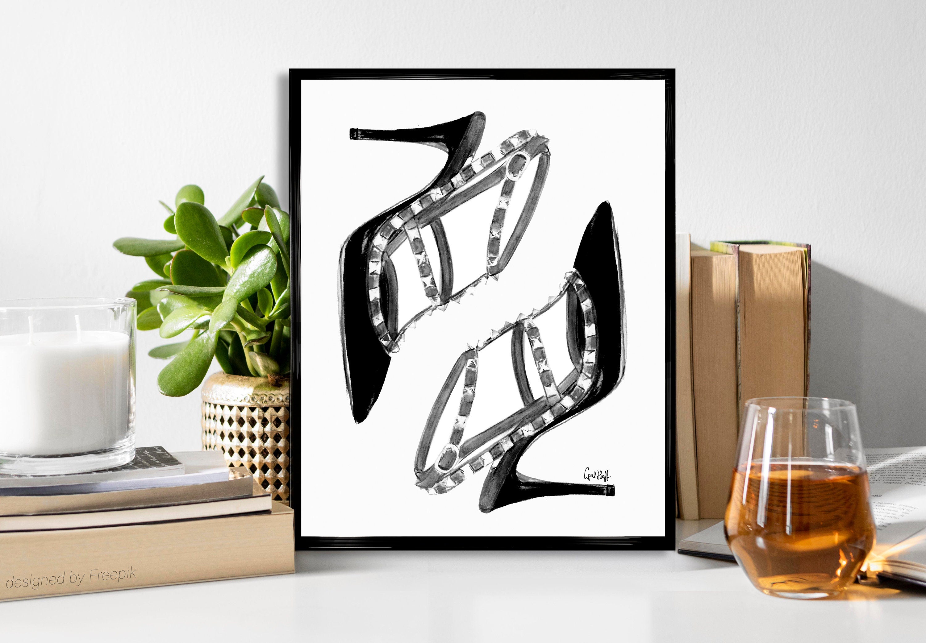 Stilettos Fashion Illustration Print | Black and White Heels Vanity Art