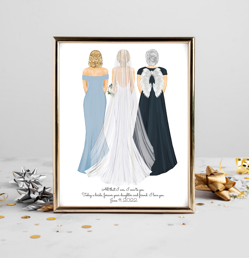 Personalized 3 Generations Portrait Art PRINT | Bride Mom Grandmother Custom Print