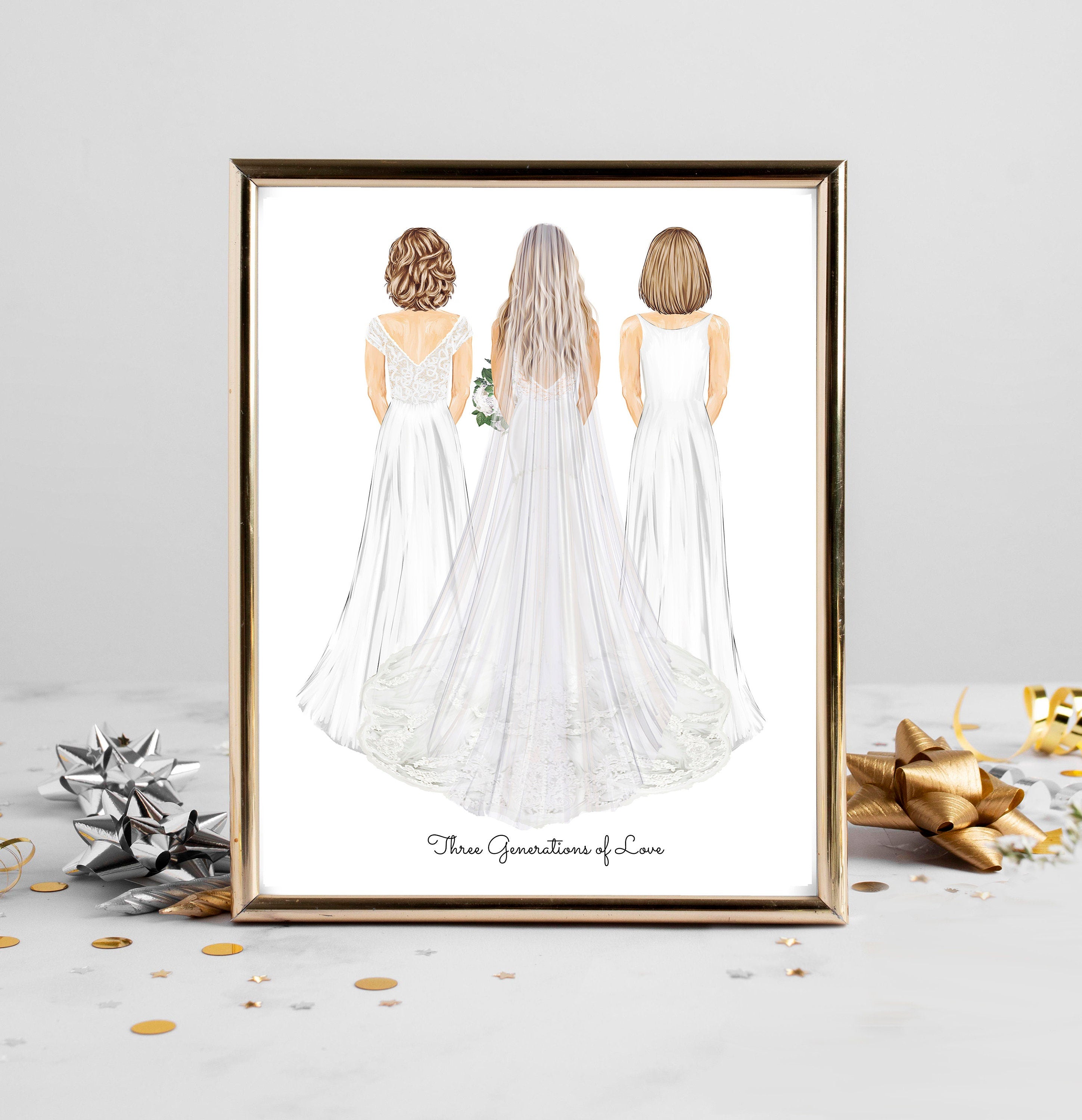 Personalized 3 Generations Wedding Portrait Art PRINT | Bride, Mother, Grandma, Custom Print