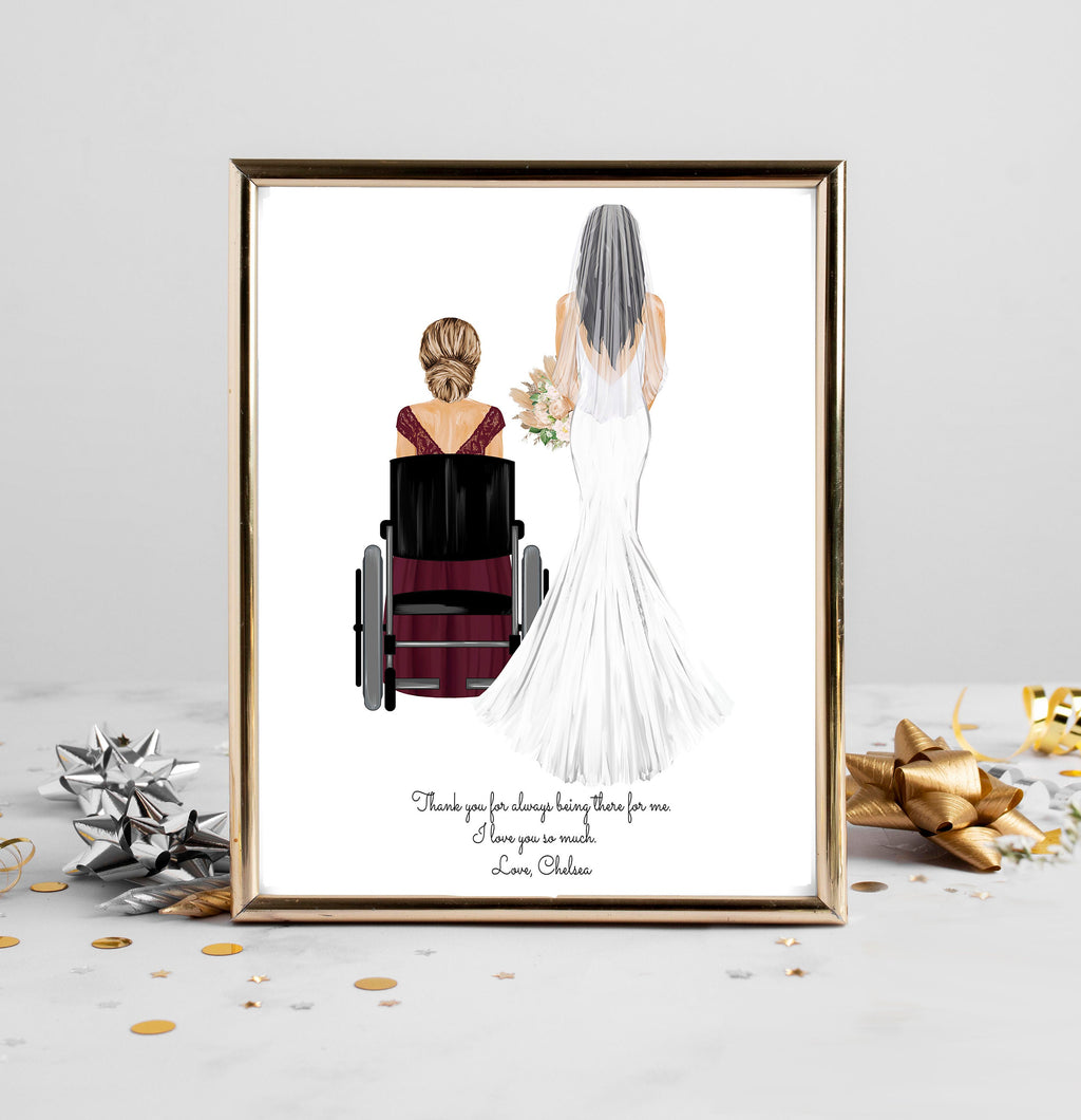 Personalized Bride & Mother Wheelchair Portrait Art Print | Custom Wedding Gift