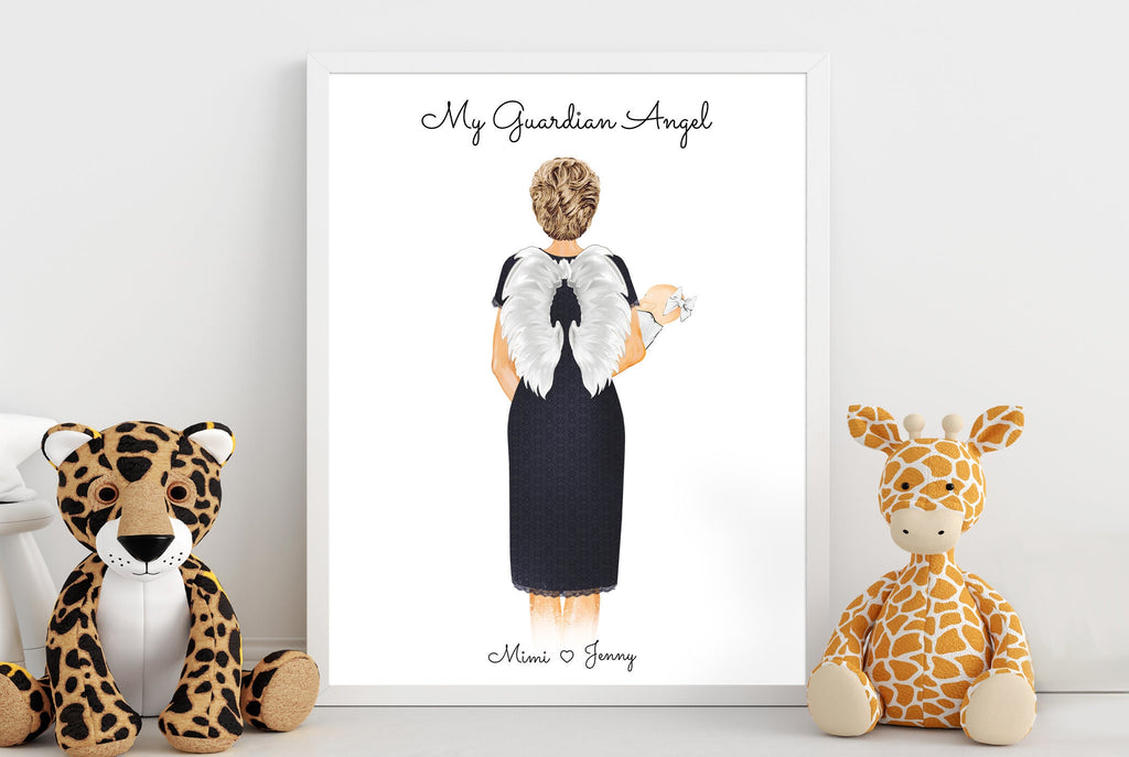 Personalized Grandma Baby Portrait Art | Newborn, Nursery Gift, Grandmother Granddaughter, Grandson, Angel Present, Grandma Grandchild Art