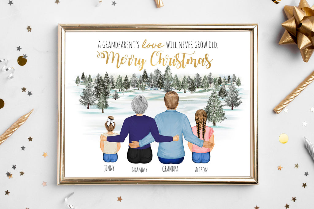 Personalized Grandparents Christmas Gift, Custom Family Portrait Print, Winter Scene Art