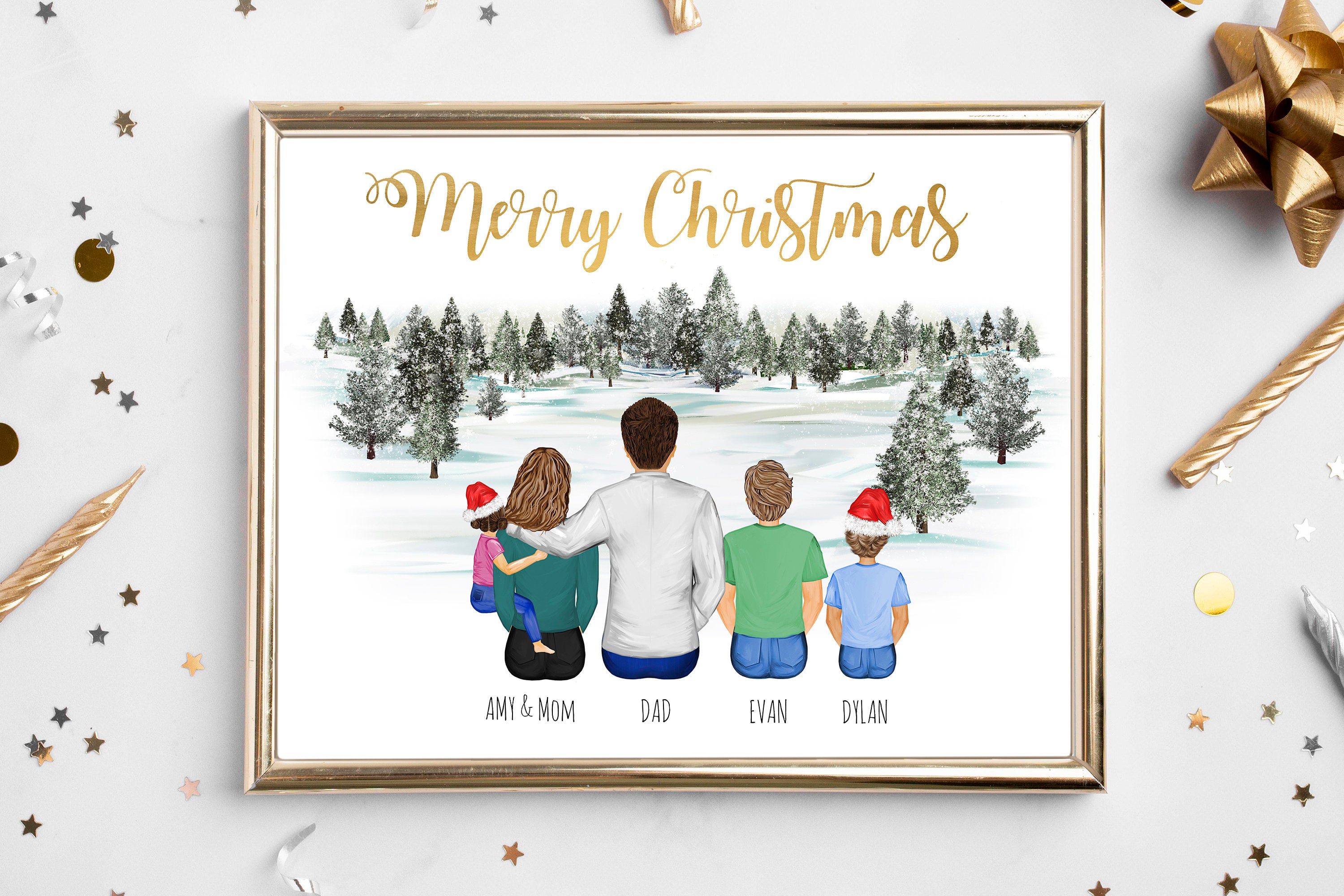 Personalized Grandparents Christmas Gift, Custom Family Portrait Print, Winter Scene Art