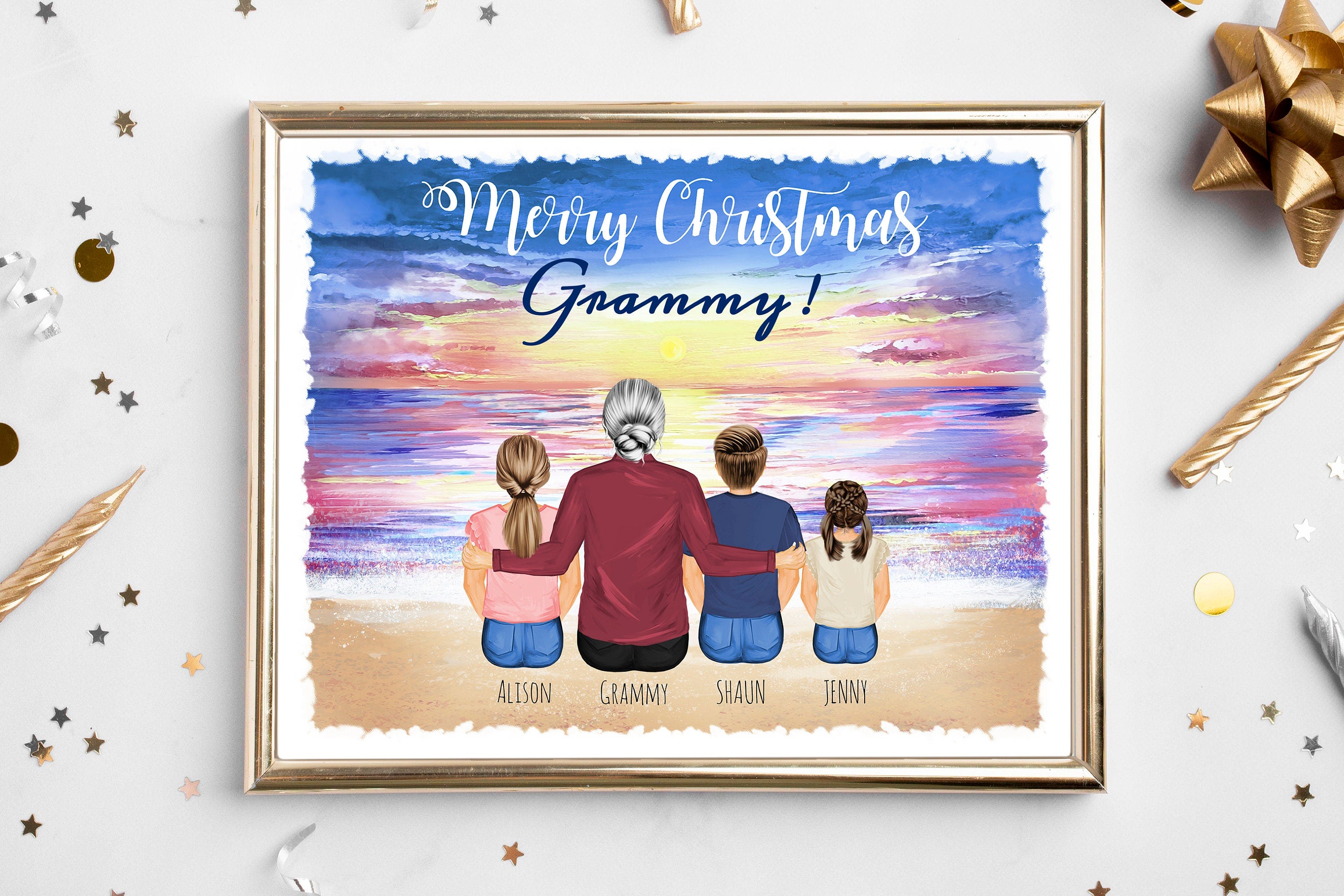 Personalized Grandparents Christmas Gift, Custom Family Portrait Print, Winter Scene Art