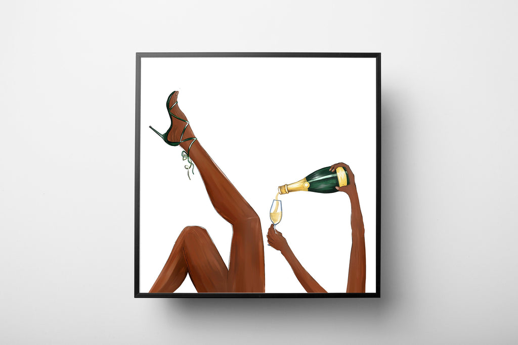 Champagne Problems Art | Drinking Champagne Drawing, Fashion Art, Legs for days, High Heels, Stilettos Drawing, Champagne Watercolor, Girl