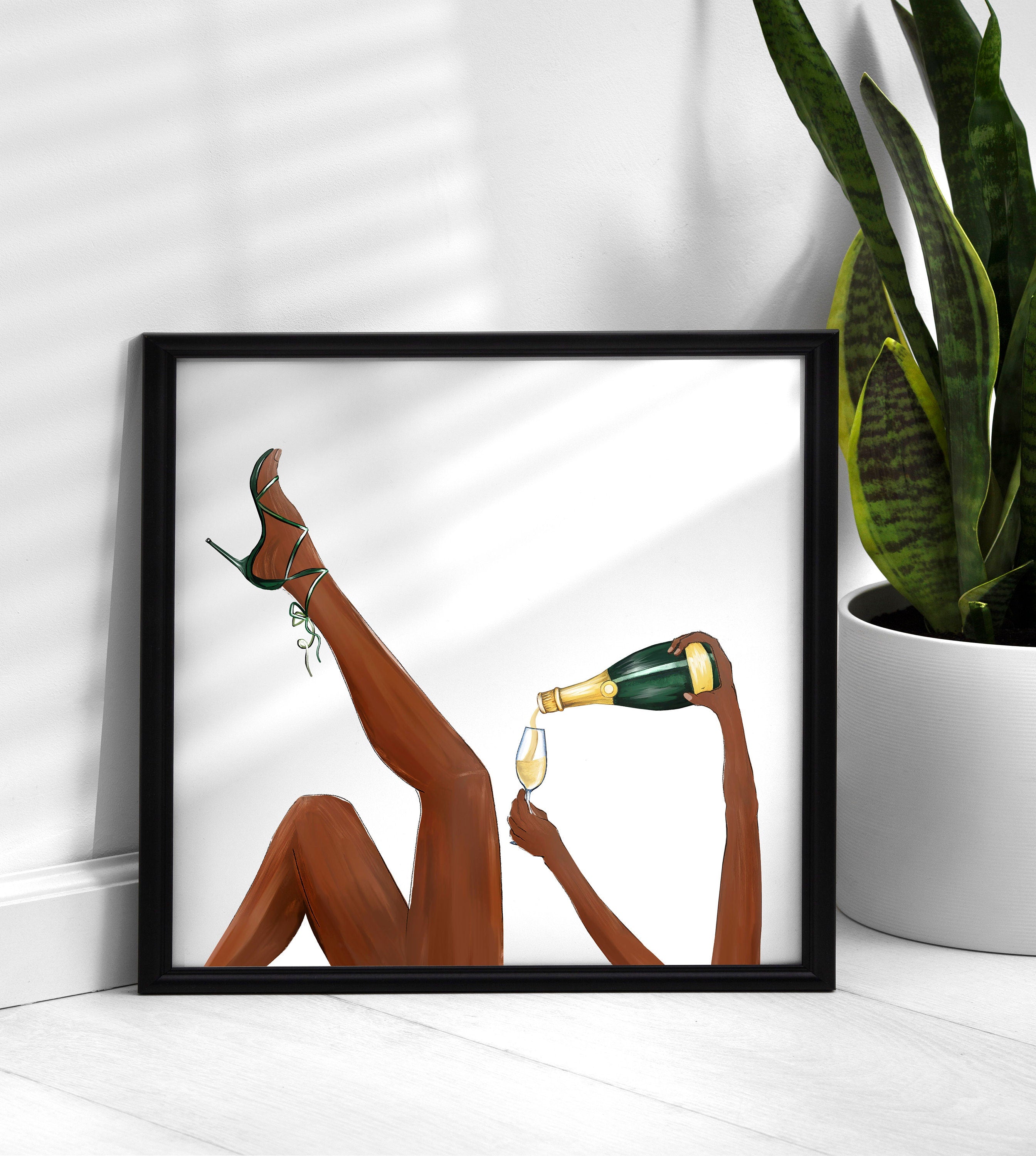 Champagne Problems Art | Drinking Champagne Drawing, Fashion Art, Legs for days, High Heels, Stilettos Drawing, Champagne Watercolor, Girl