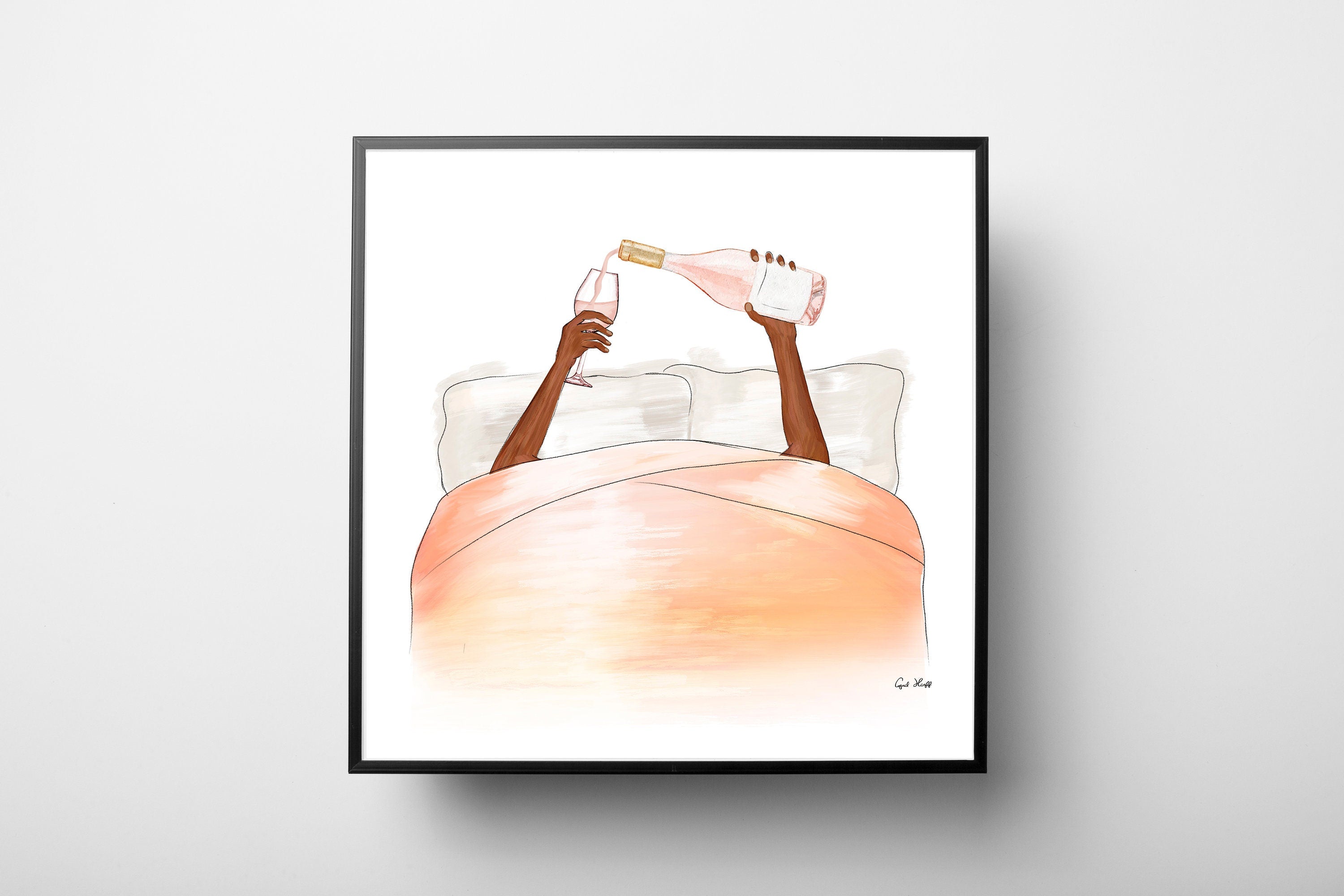 Rosé in Bed Art PRINT | Drinking Rose Drawing, Fashion Art, Girl in Bed, Drinking in Bed Watercolor, Lazy Morning Girl, High Fashion Art