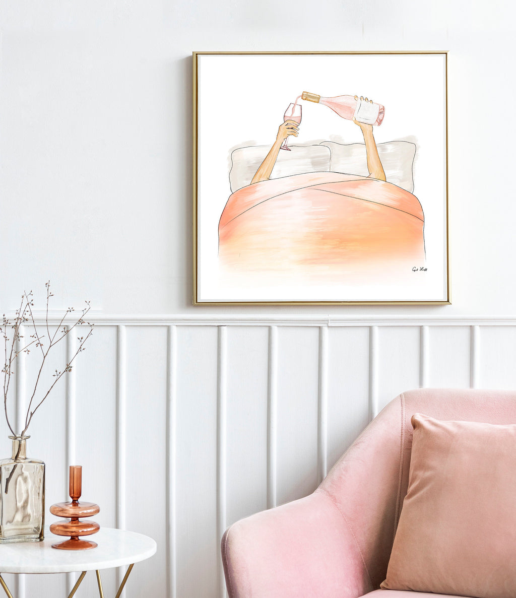 Rosé in Bed Art PRINT | Drinking Rose Drawing, Fashion Art, Girl in Bed, Drinking in Bed Watercolor, Lazy Morning Girl, High Fashion Art