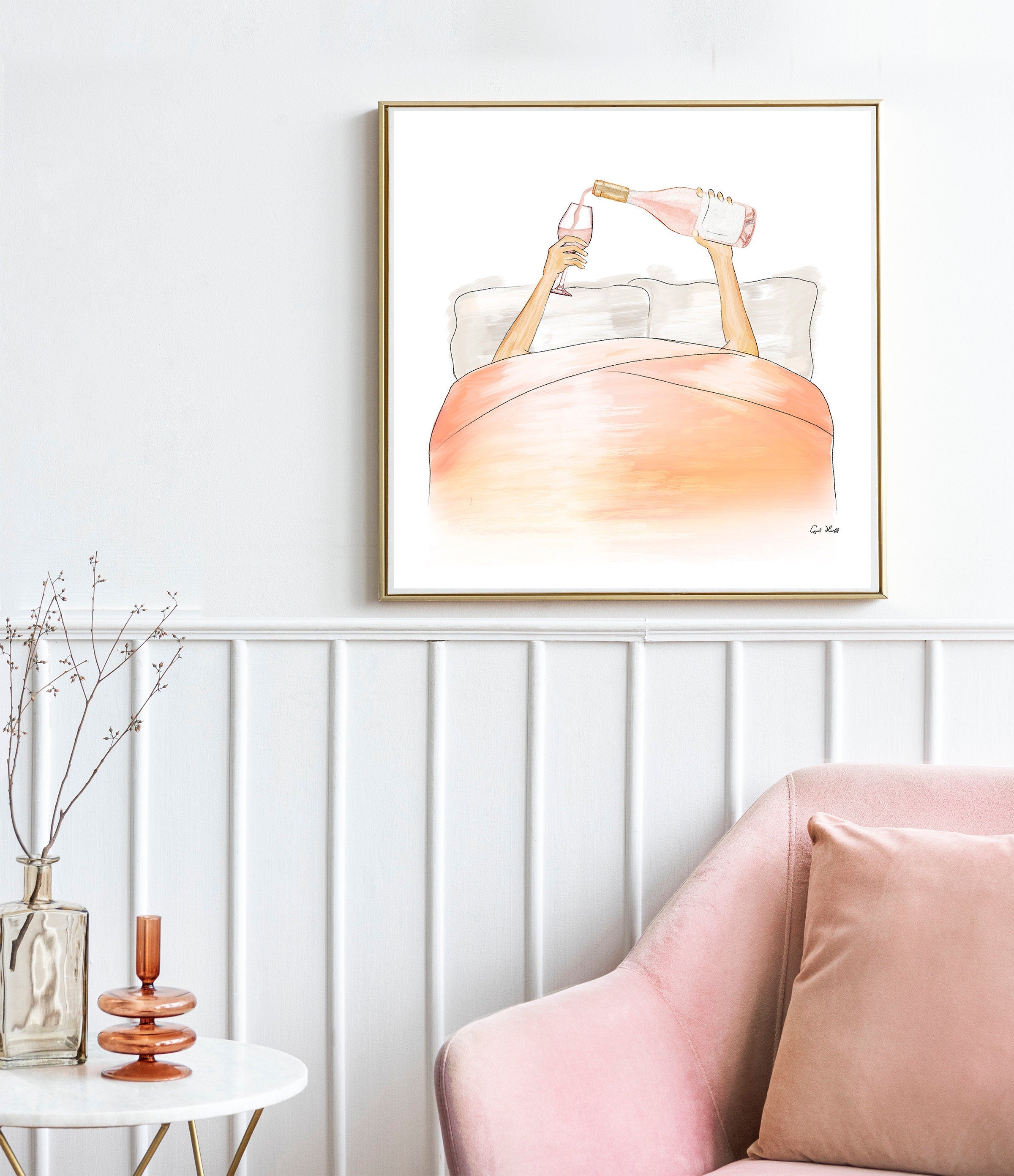 Rosé in Bed Art PRINT | Drinking Rose Drawing, Fashion Art, Girl in Bed, Drinking in Bed Watercolor, Lazy Morning Girl, High Fashion Art