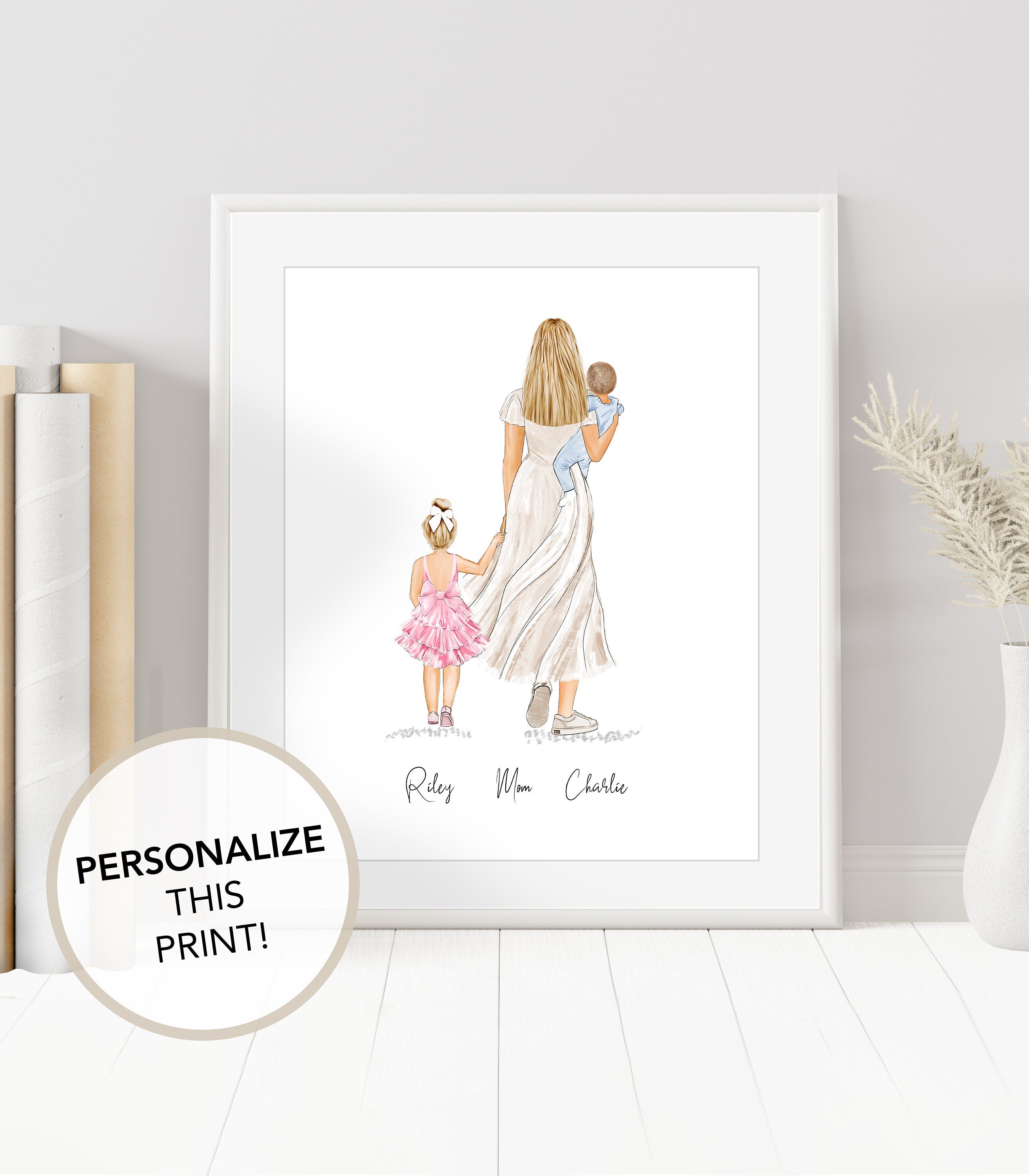 Personalized Mom Baby Portrait Art | Family Portrait Art, Mother's Day, Mother, Newborn, Toddler Art, Nursery Gift, Mom and Daughter and Son