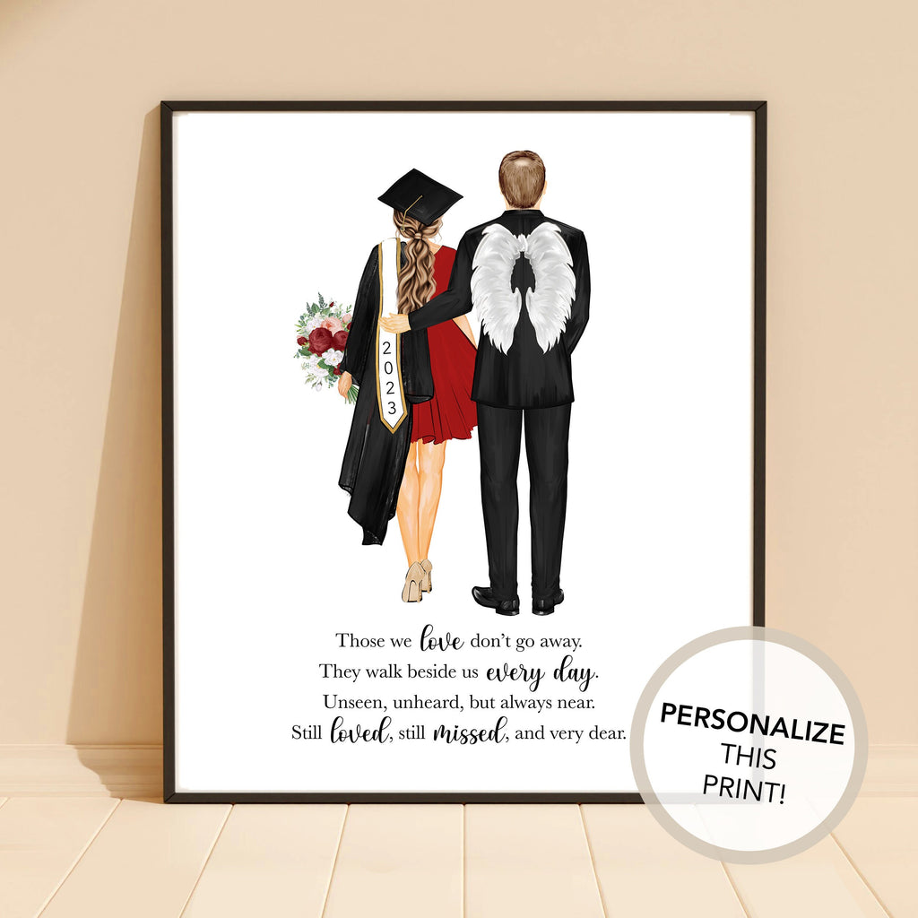 Personalized Graduate and Dad Portrait Art PRINT | Graduation, Father of Grad Custom Art, In Memorial Drawing, Quote, High School, College