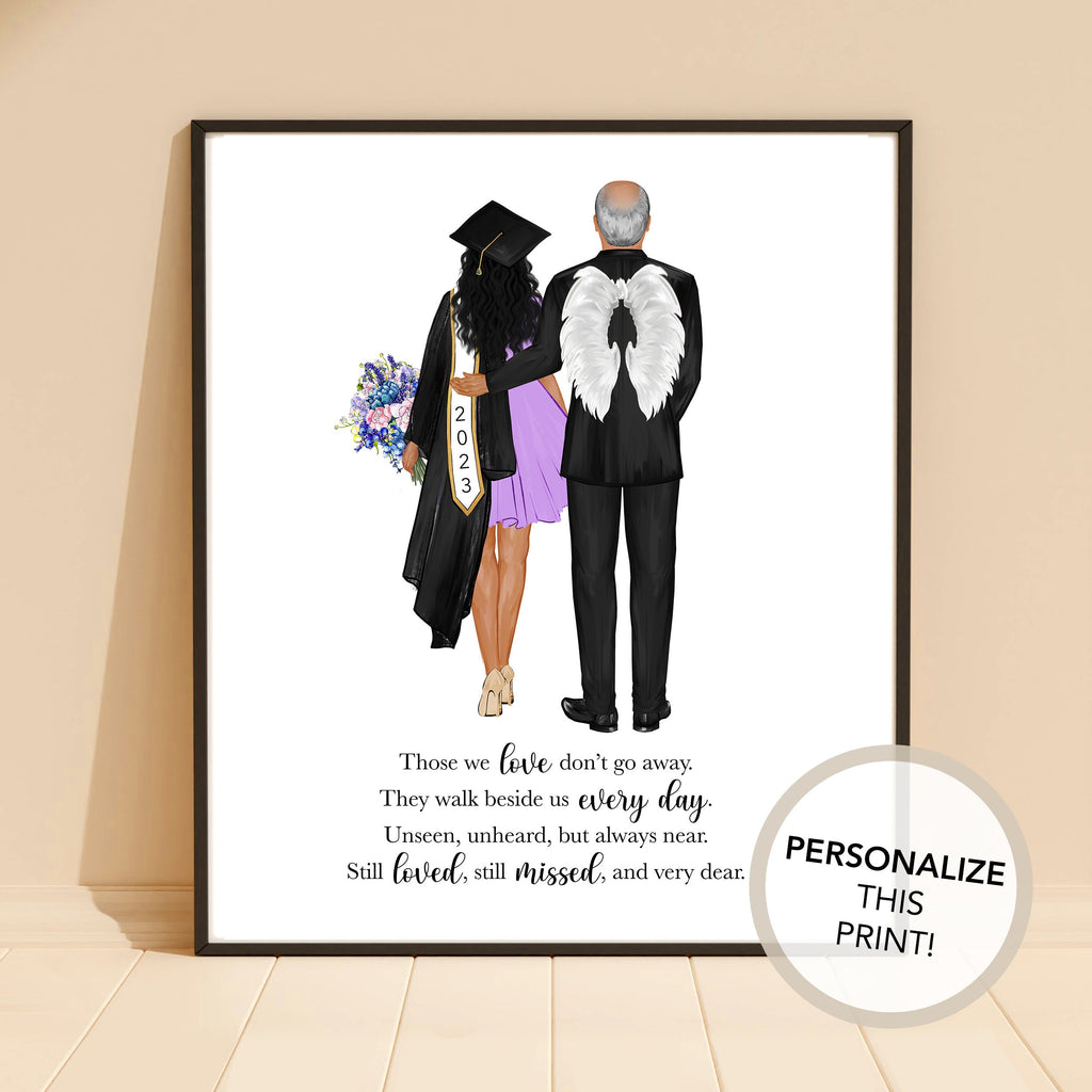 Personalized Graduate and Dad Portrait Art PRINT | Graduation, Father of Grad Custom Art, In Memorial Drawing, Quote, High School, College
