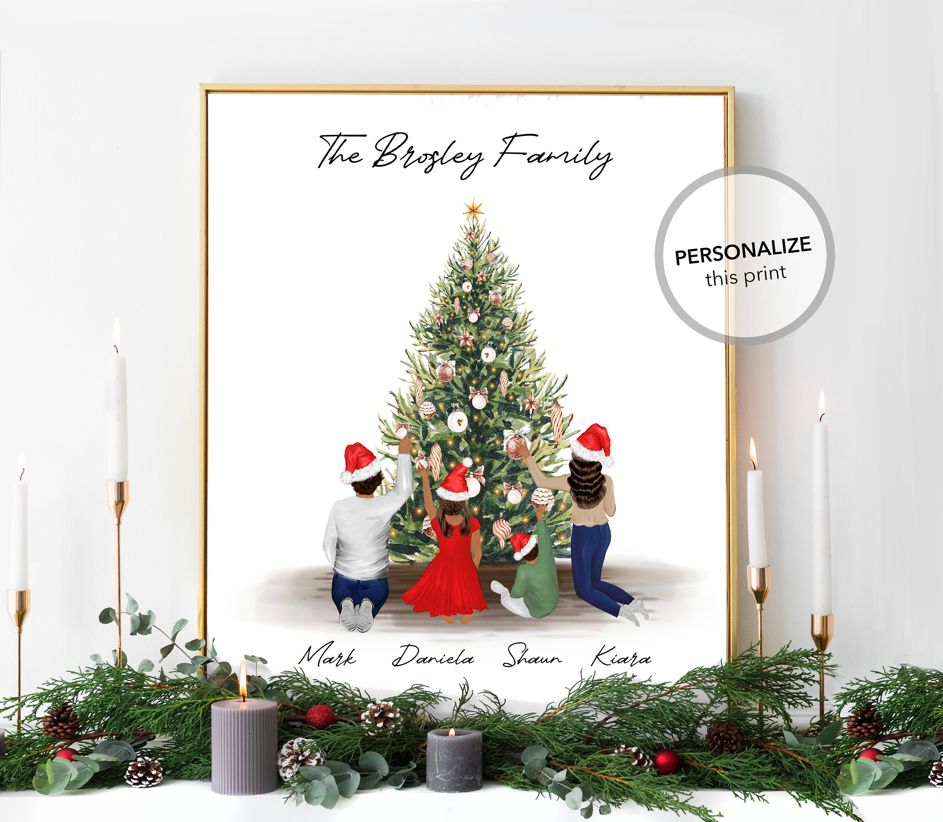 Personalized Christmas Drawing Gift Wall Art | Xmas Family Custom Print, Mom Dad Children Gift, Grandparents, In Memory, Holiday Present