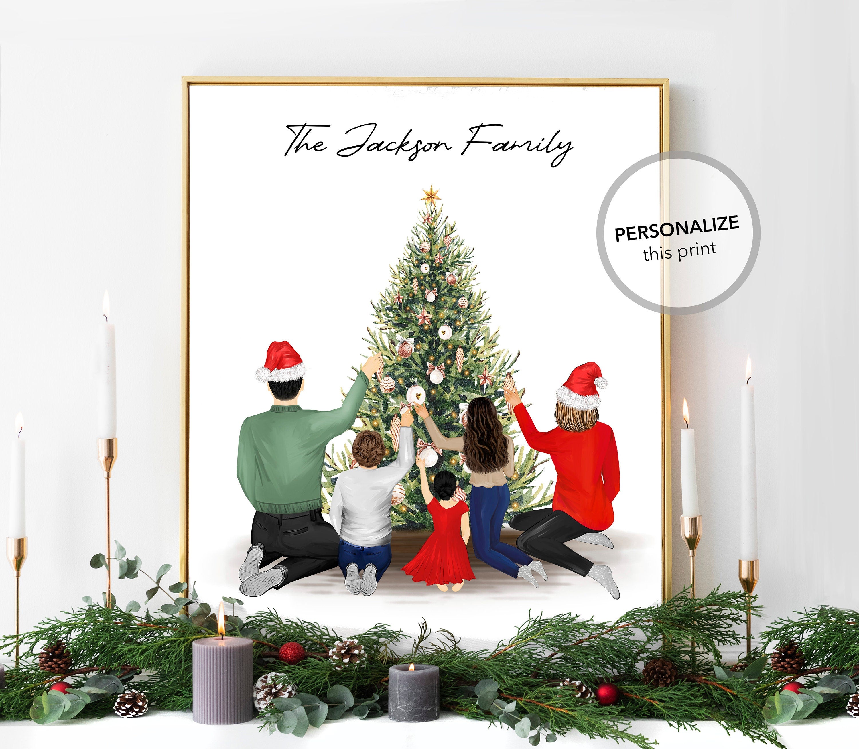 Personalized Christmas Drawing Gift Wall Art | Xmas Family Custom Print, Mom Dad Children Gift, Grandparents, In Memory, Holiday Present
