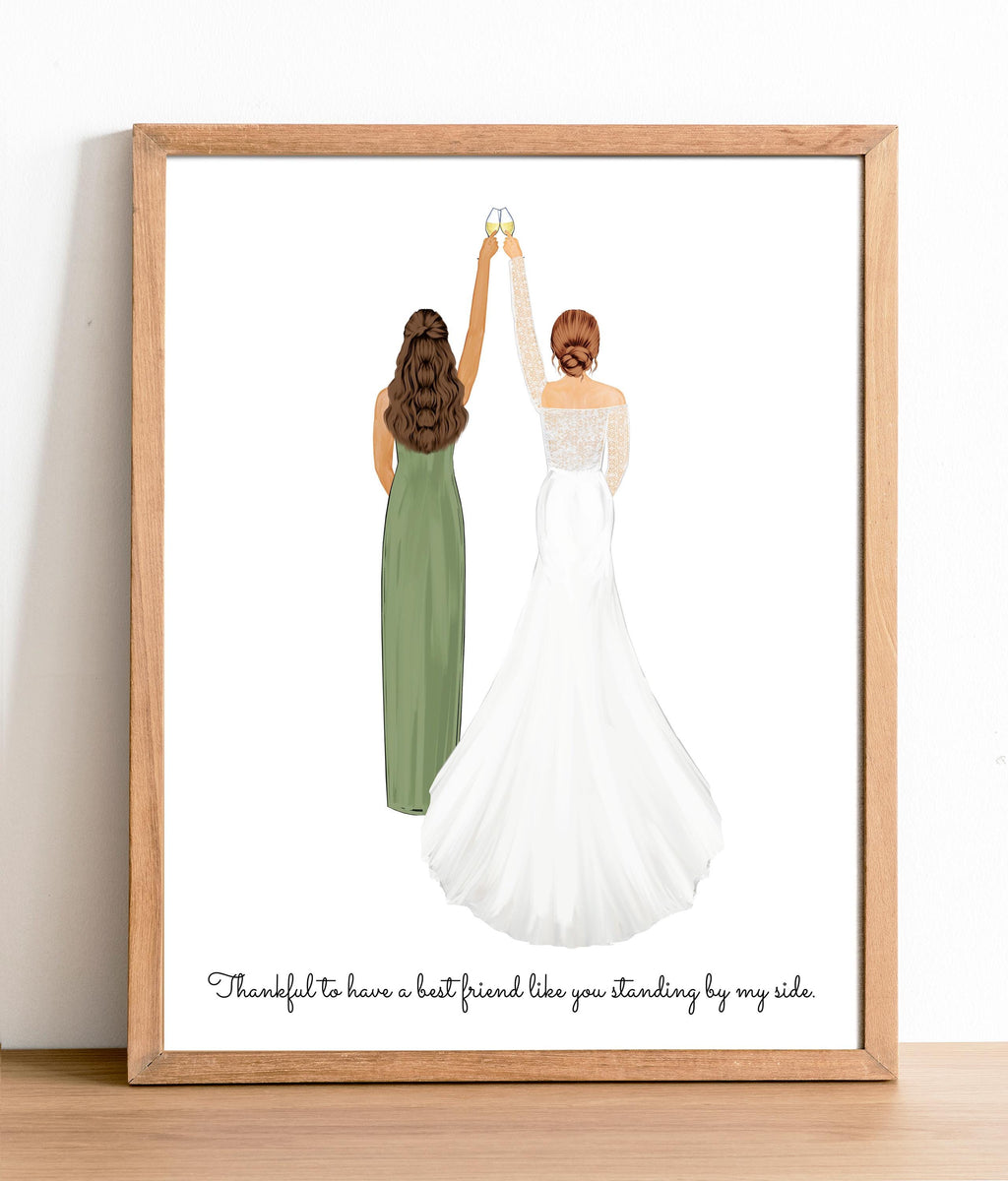 Personalized Bride and Maid of Honor Art PRINT | Bridesmaid Custom Wedding Art