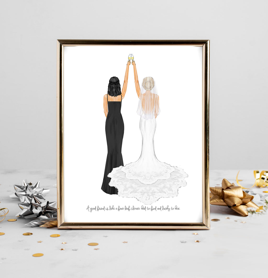 Personalized Bride and Maid of Honor Art PRINT | Bridesmaid Custom Wedding Art