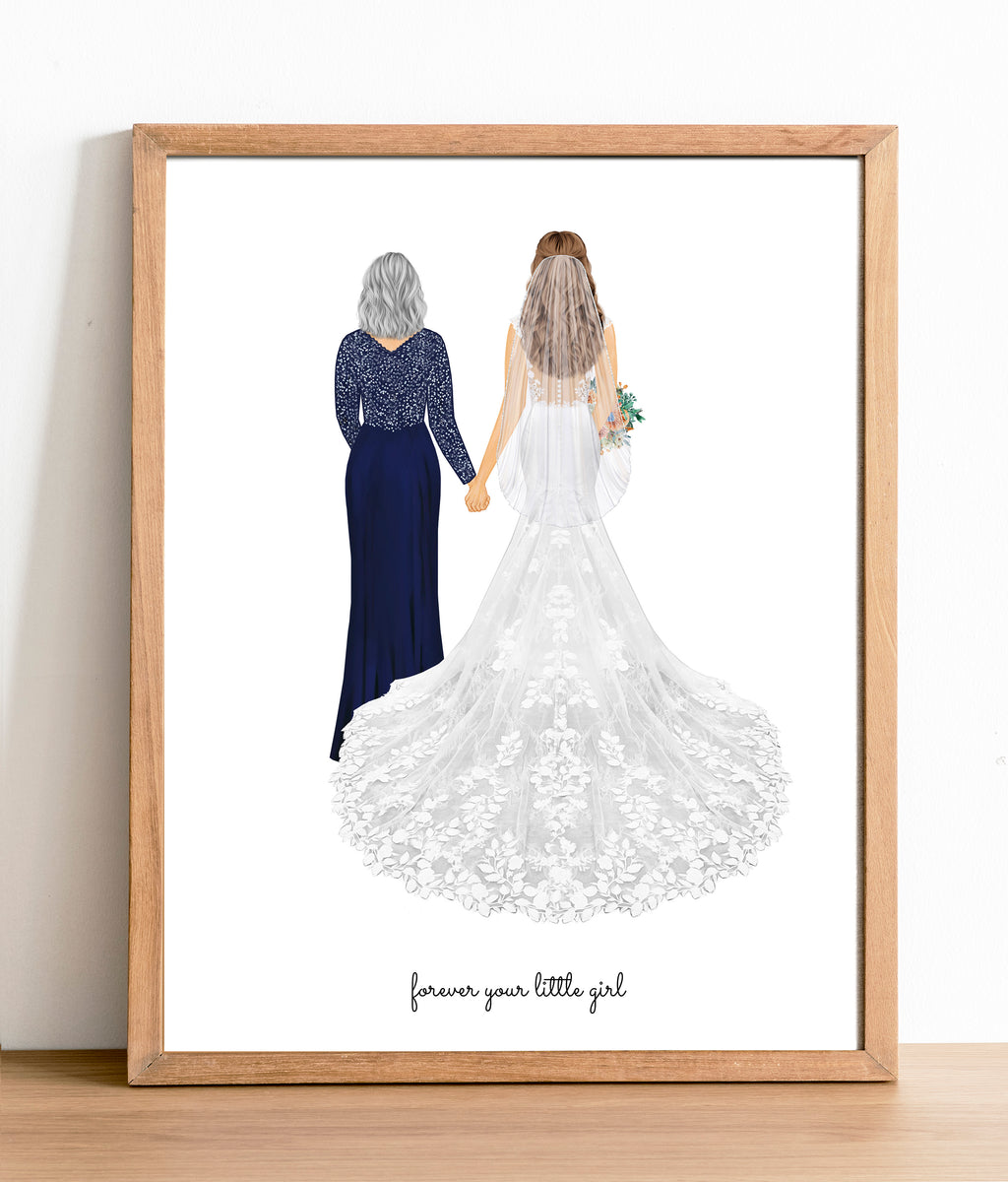 Personalized Bride and Mother Portrait Art PRINT | Mother of Bride Custom Wedding Art